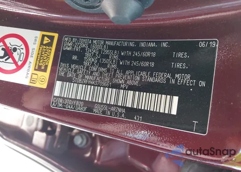 2019 Toyota Highlander Le из США, поврежденный, VIN 5TDBZRFH4KS709661